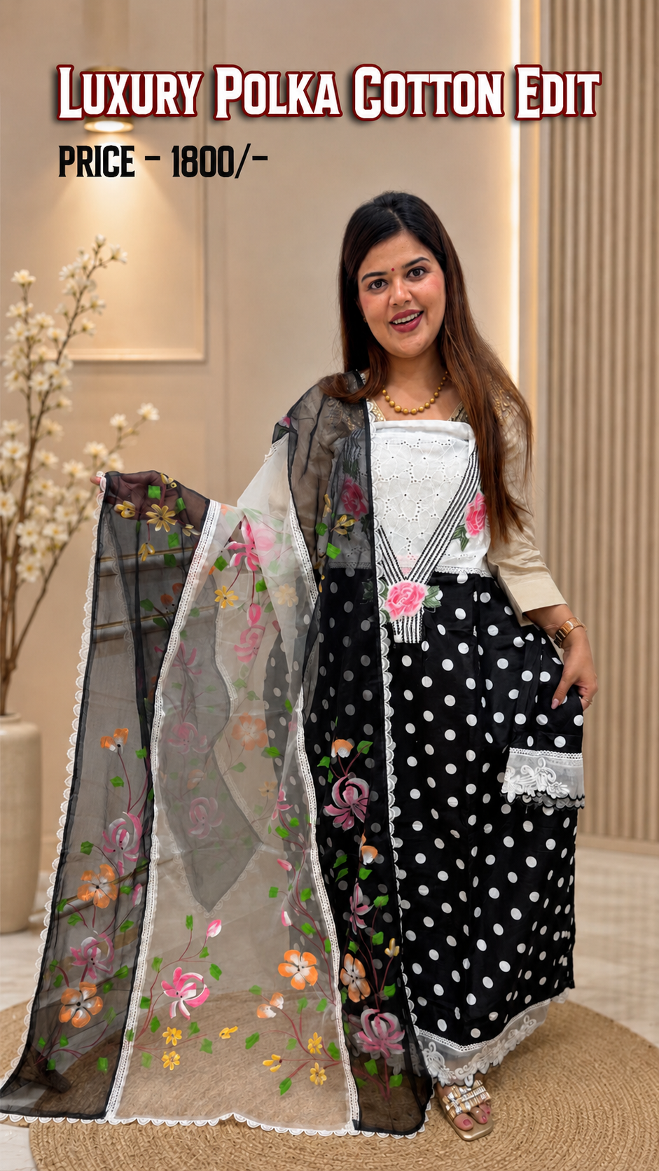 Celebrity style premium and pure polka style designer suit material with hand painted dupatta and designer Shiffali neck style GF1146 BLACK AND WHITE