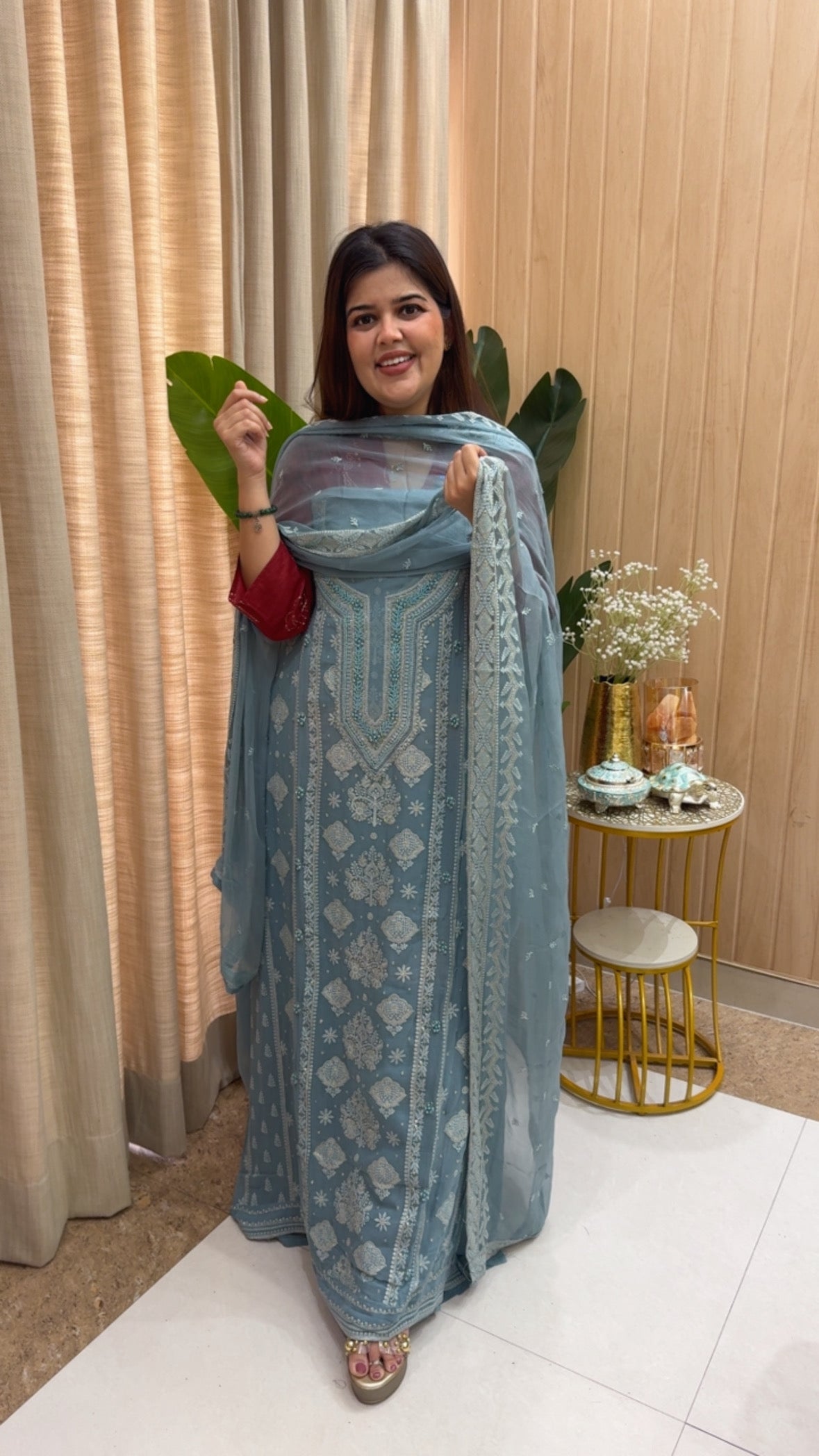 Luxurious pure Georgette chikankari embroidery Lucknowi premium suit material along with pure chiffon Lucknowi dupatta GF1162 Dusty Ice Blue