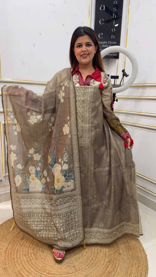 Kantha unique tusser Chanderi silk series with hand Kantha work along with premium Kantha embroidered dupatta gf1208 Chestnut Brown