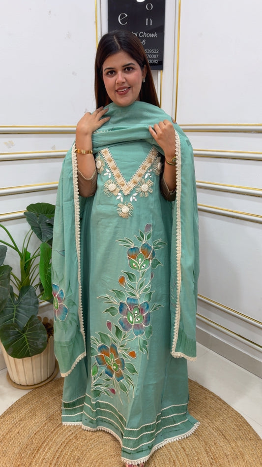 Summer pure and premium Mulmul suit material along with Dori work and hand painted work all over suit material. GF1153 LIGHT GREEN