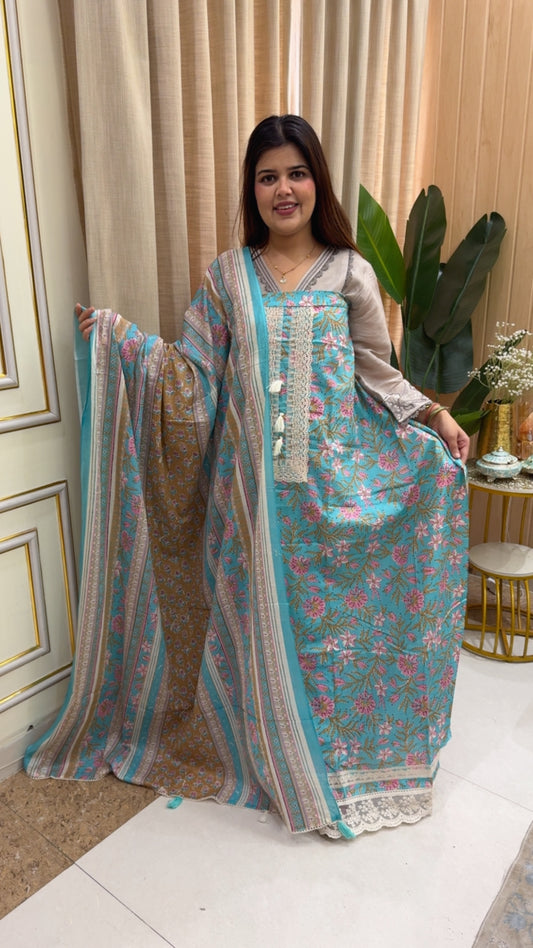 Pure cotton printed casual designer printed suit material with laces work along with printed dupatta and printed bottom gf1164 Sky Blue