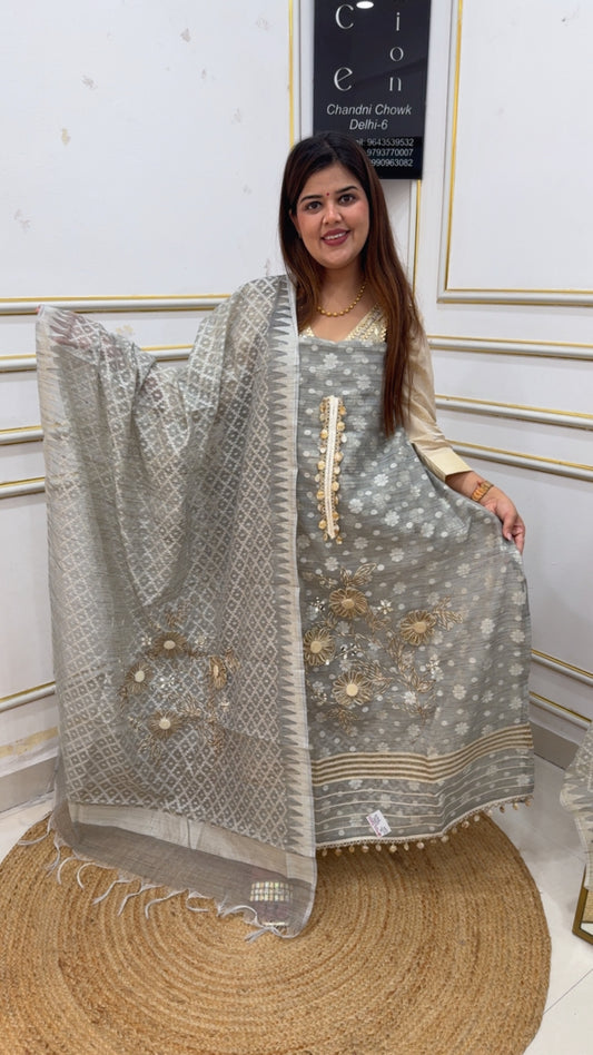 Unique and stylish pure Moonga silk weaved handcrafted Dori work suit material along Dori work dupatta GF1147 Pastel Dove Grey