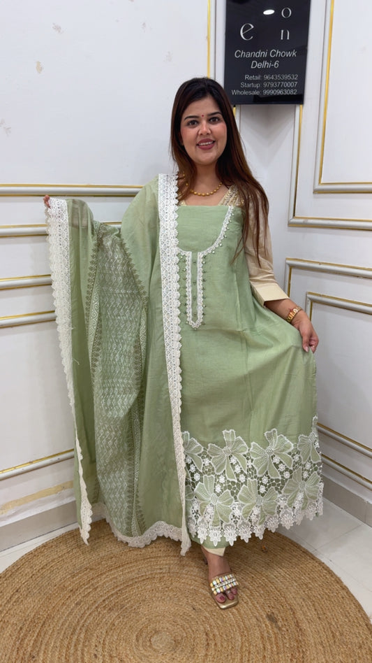 Stylist and classy super premium Mul Mul Karachi laces work suit material along with pure cotton full length printed dupatta GF1148 LIGHT GREEN