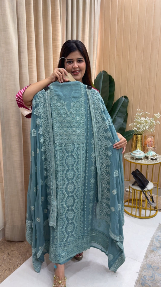 Traditional and royal pure Georgette Lucknowi super premium chikankari suit material along with full chikankari dupatta GF1157 Dusty Ice Blue