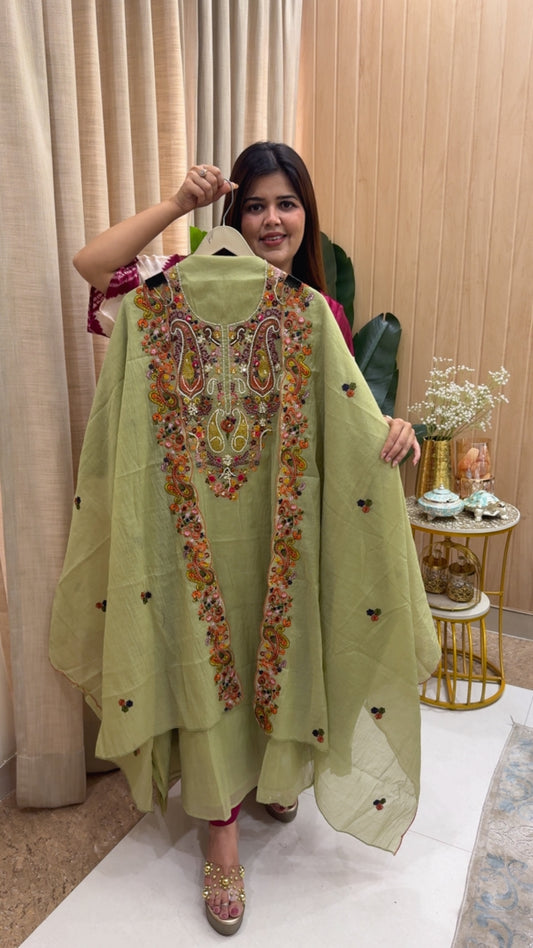 Semi partywear super classy and comfortable hand wooden bead work beautifully crafted pure Mul Mul suit material GF1158 Olive Green