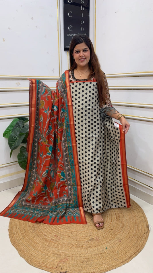 Summer trending polka creation pure Mul Maheshwari premium suit material along with premium Mul Maheshwari elegant printed dupatta gf1195 Red