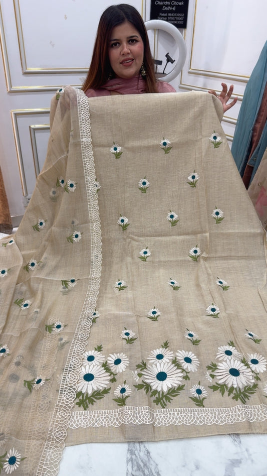 Premium pure Tusser Mul Mul embroidery Pinterest style designer suit material along with Mul Mul tusser premium quality dupatta GF1200 Beige with Blue