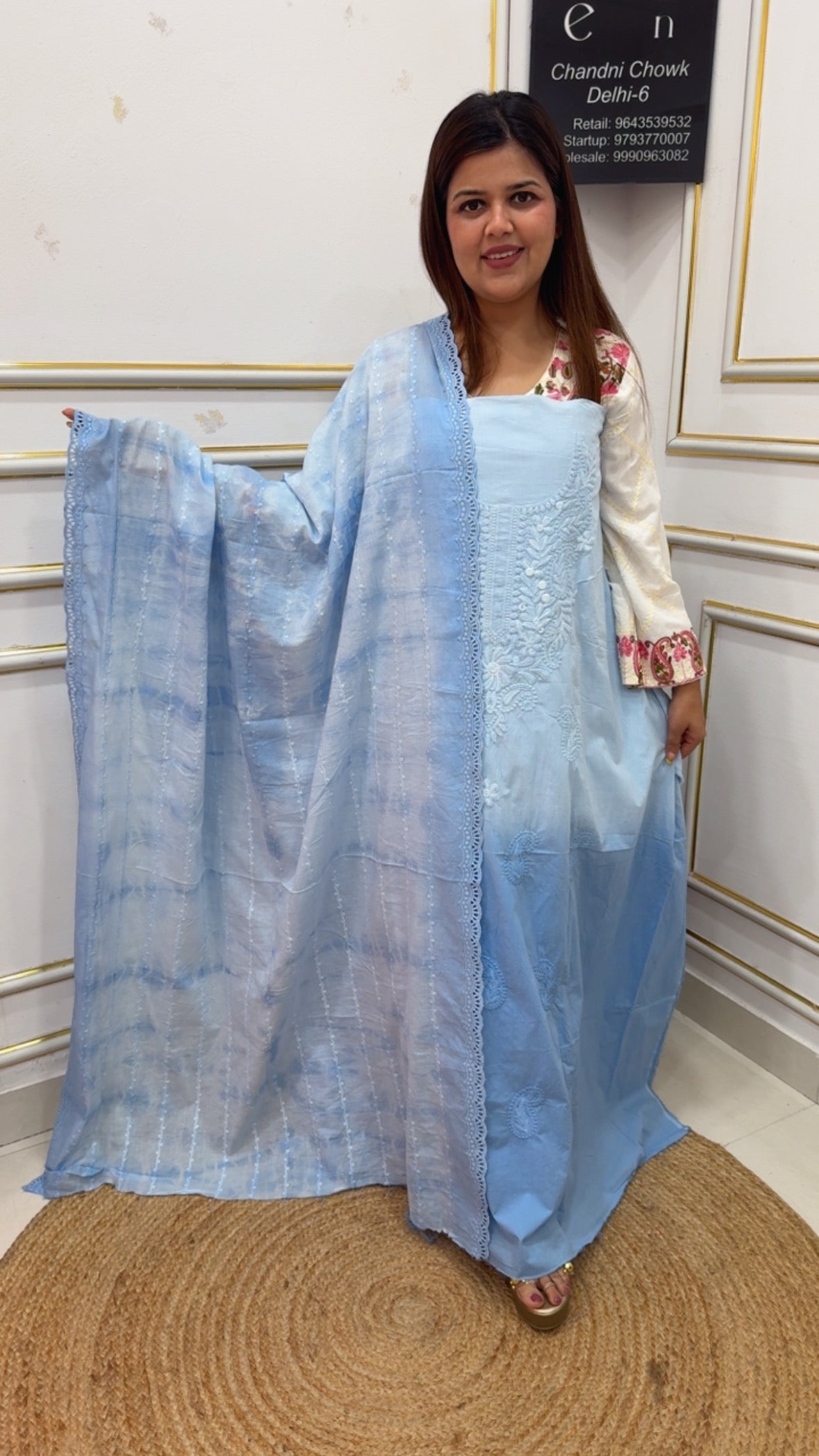 Classy and premium pure cotton hand Lucknowi embroidery ombré style pure Mul Mul cotton suit material along with Mul Mul dupatta GF1133 Powder Blue