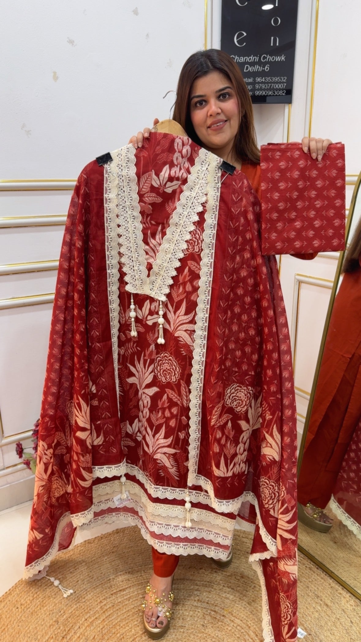 Premium and pure luxury cotton laces concept suit material along with full digital printed dupatta and printed bottom GF1084 Red
