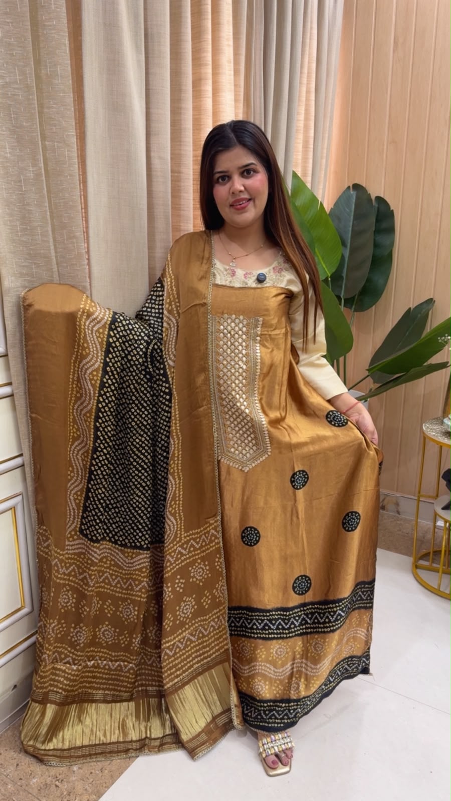 Style and elegant Moonga silk jamdhani embroidered classic suit material along with block print beautiful dupatta GF1211 Golden Yellow