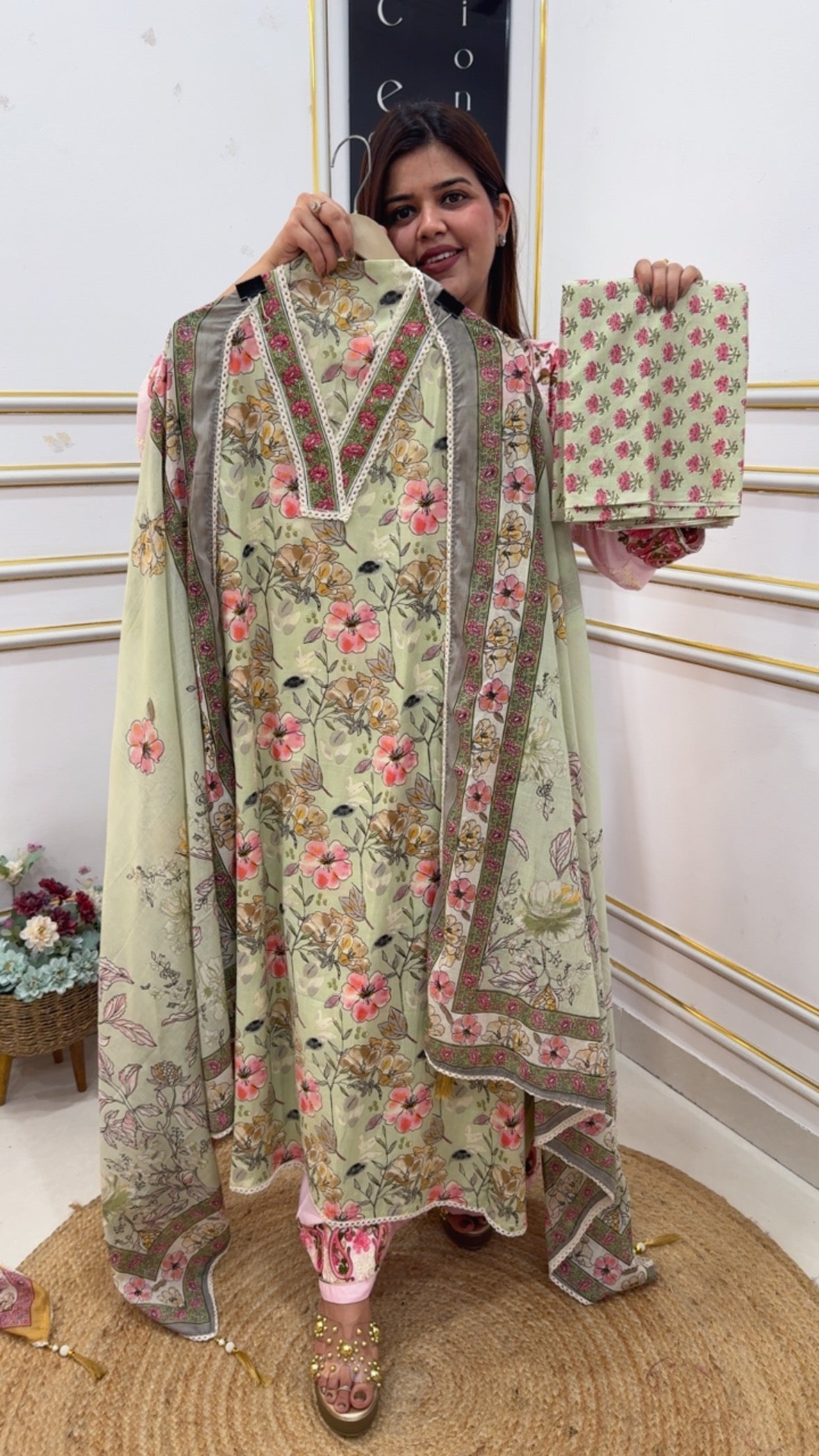 Pure cotton beautifully printed royal neck detailing suit material along with Mul Mul classy printed dupatta GF1057 LIGHT GREEN