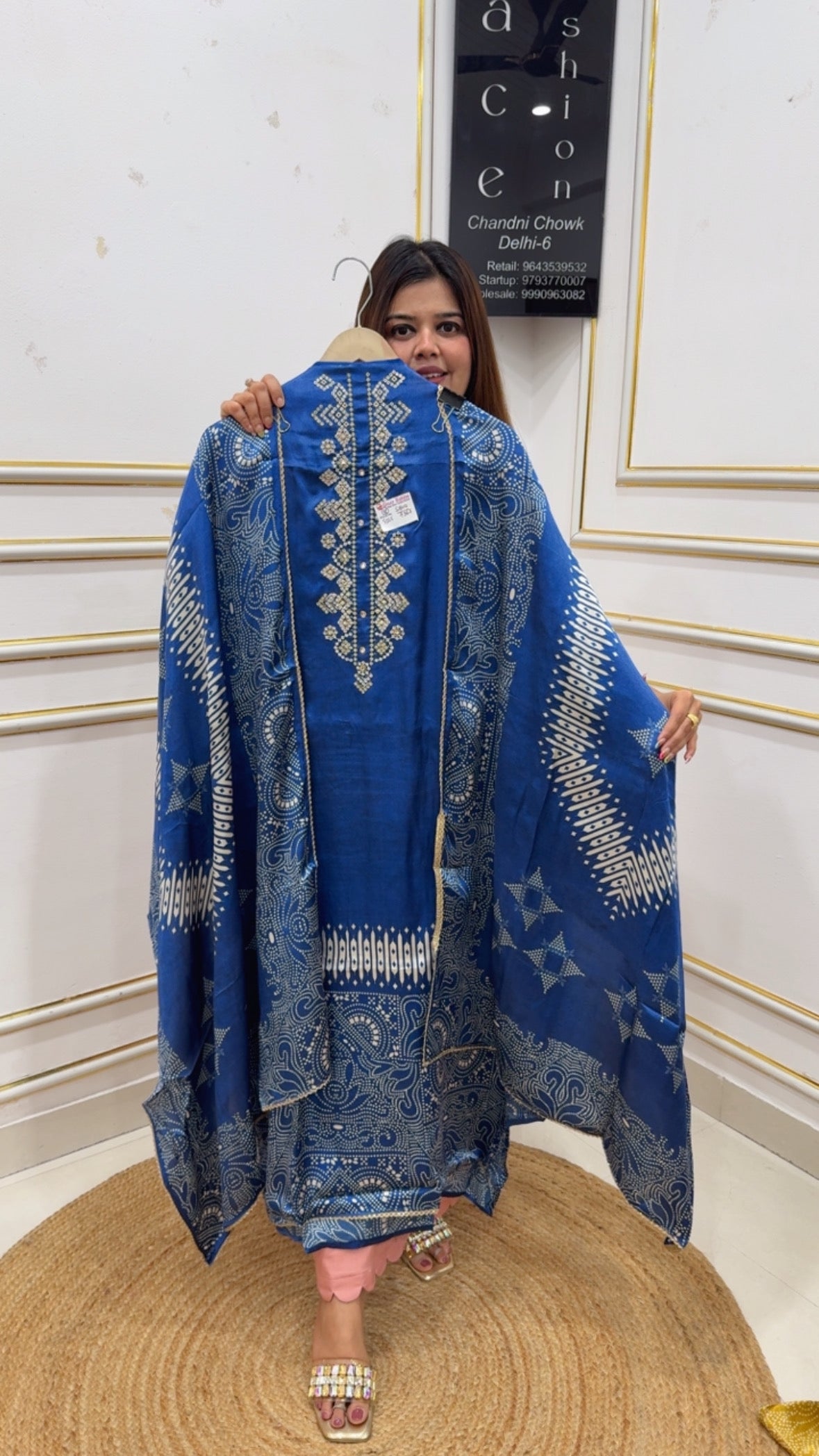 Gajji Silk magic ,pure original designer printed gazzi silk suit material along with Beautiful neck work and pure Gajji silk printed dupatta GF1143 Blue