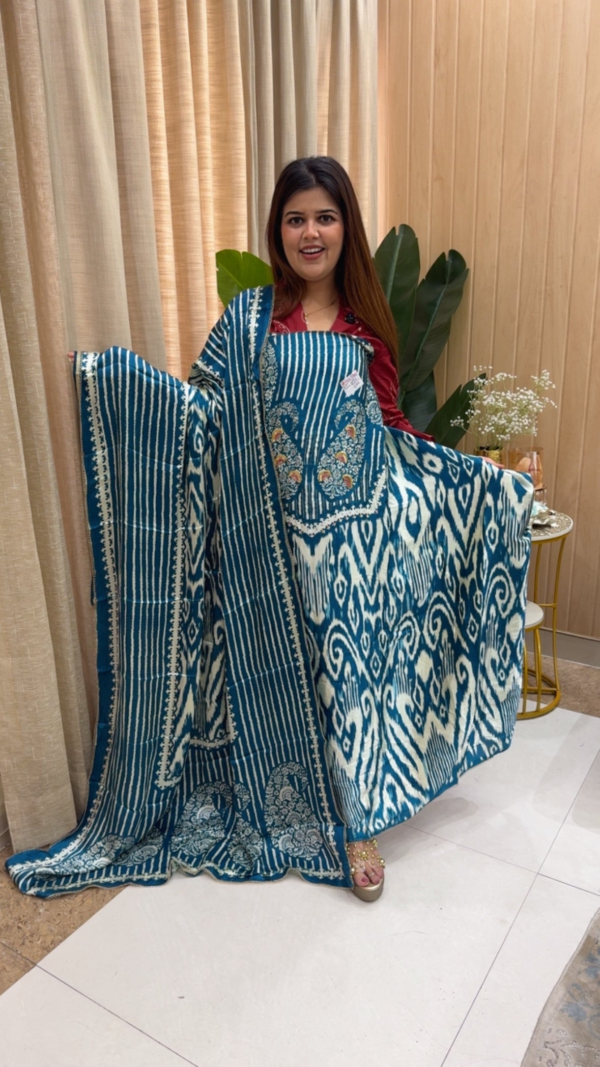 Gazzi silk premium quality Ikkat printed pure design luxurious suit material along with designer Ikkat printed dupatta GF1163 Persian Peacock Blue