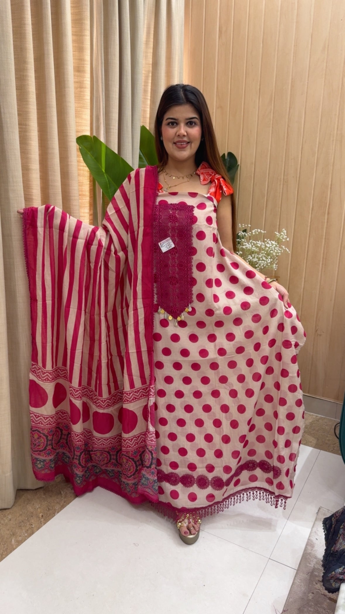 Polka style pure Mul Mul super trending and classic summer special suit material with polka style printed dupatta GF1167 Hot Pink