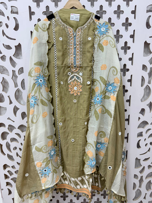 Summer ultra premium pure Mul Mul designer luxurious suit material with designer hand painted dupatta GF1099 OLIVE GREEN