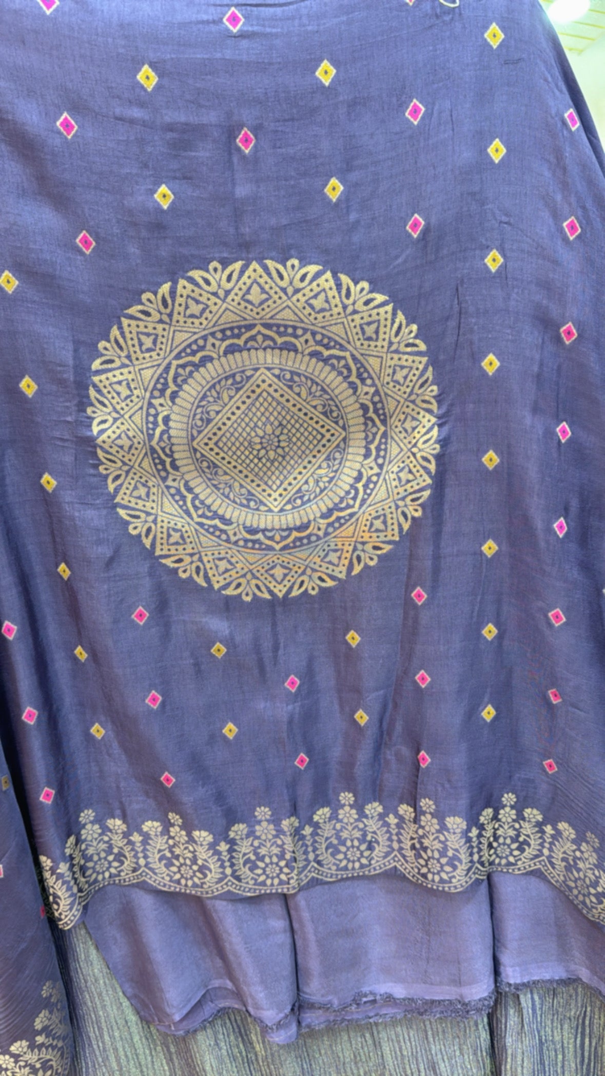 Pure Crushed Shimmer Silk Suit with Zardozi Neck &amp; Kanjivaram Dupatta GF 468