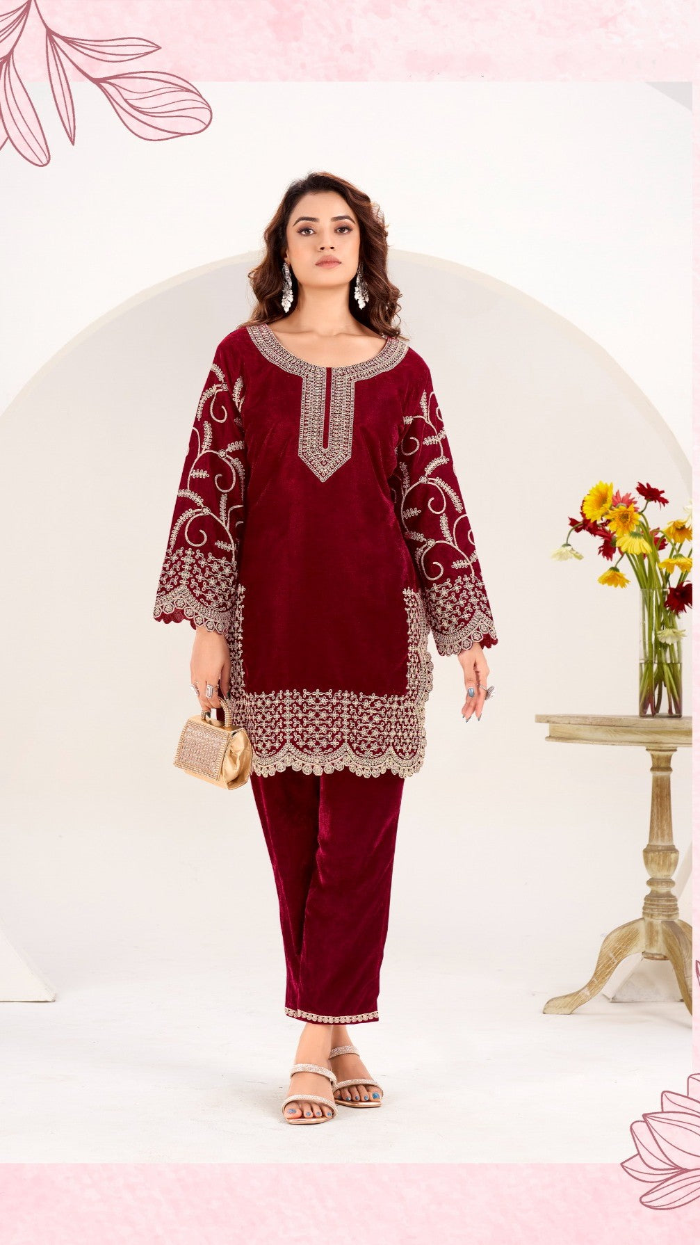 Beautiful Ready To Wear Winter Velvet Coord Set Full embroidery work over sleeves and all over Coordset very pretty and comfortable GF861