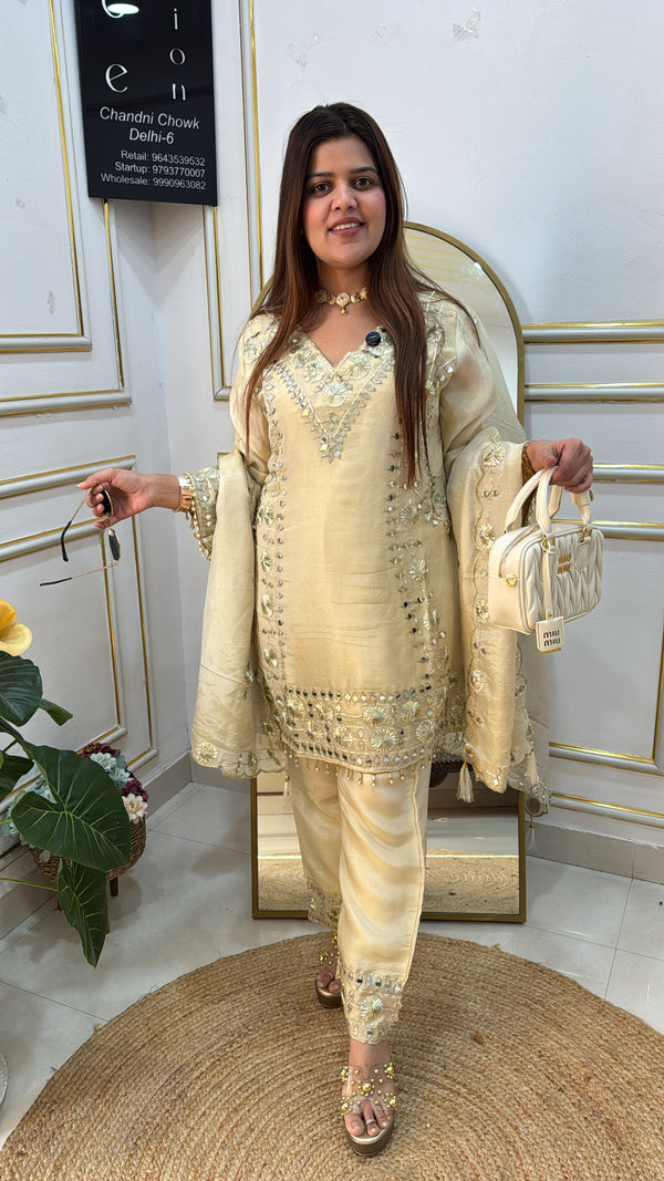 Ready to wear total glam golden ivory designer handwork mirror and Gota work ethnic dress GF 899