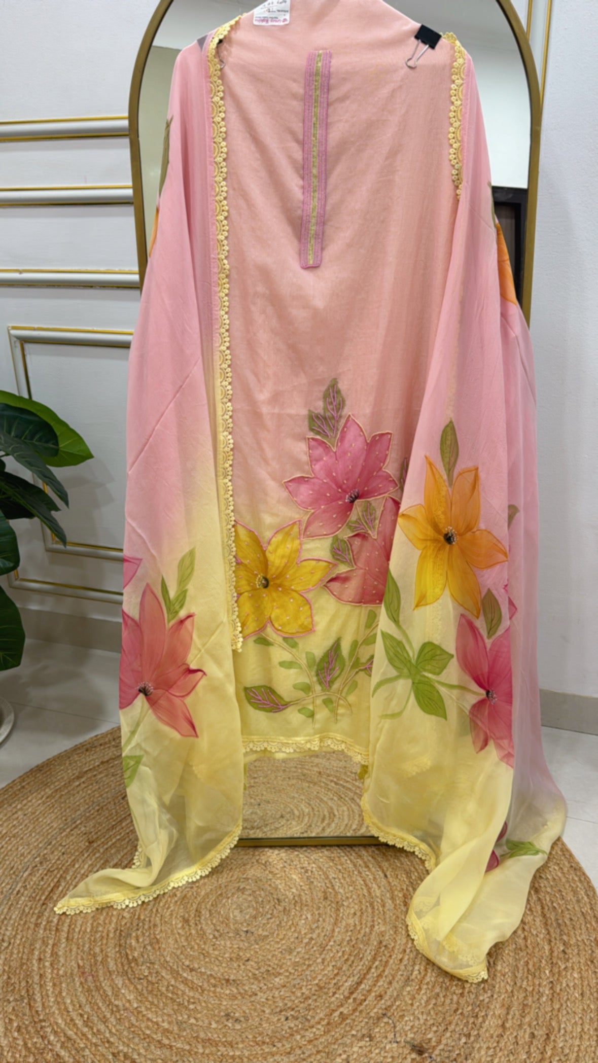 Premium Floral Mul Chanderi Unstitched Suit with Brush Paint &amp; Peeta Work GF 300