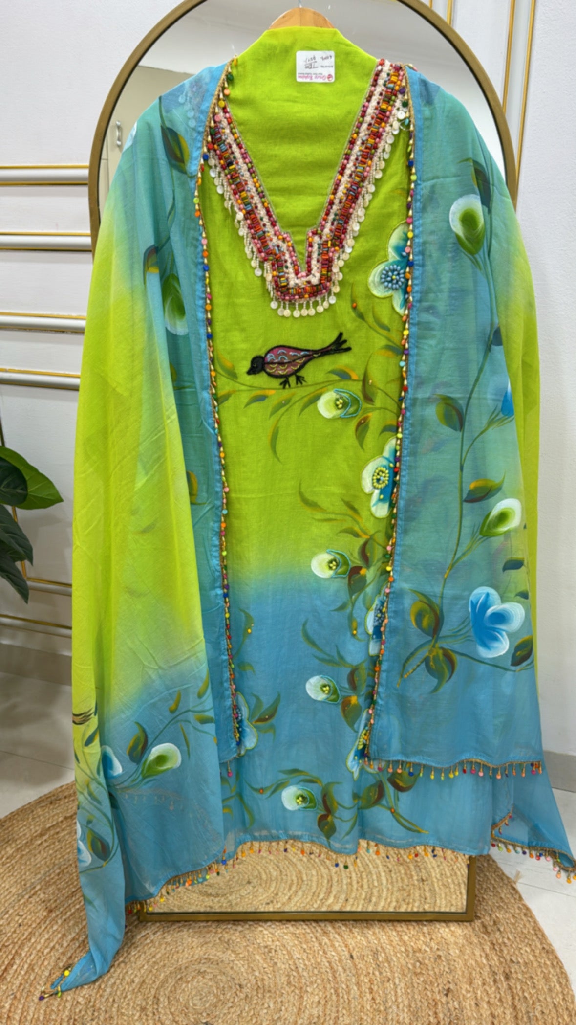 Premium Mul Mul Unstitched Suit with Hand Brush Artwork &amp; Painted Dupatta GF 298