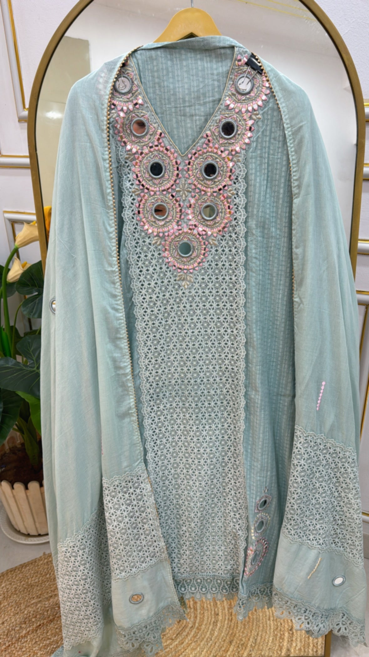 Pastel Mul Mul Unstitched Suit with Karachi Panel &amp; Real Mirror Work GF 272