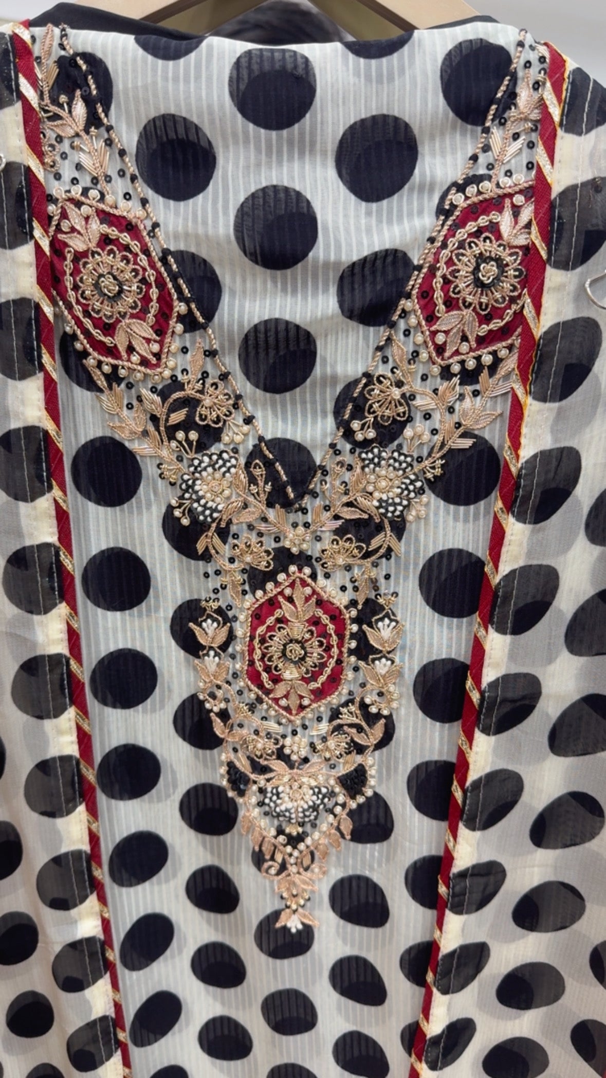 Celebrity style premium pure polka printed designer handwork neck style with contrasting digital full length dupatta GF705