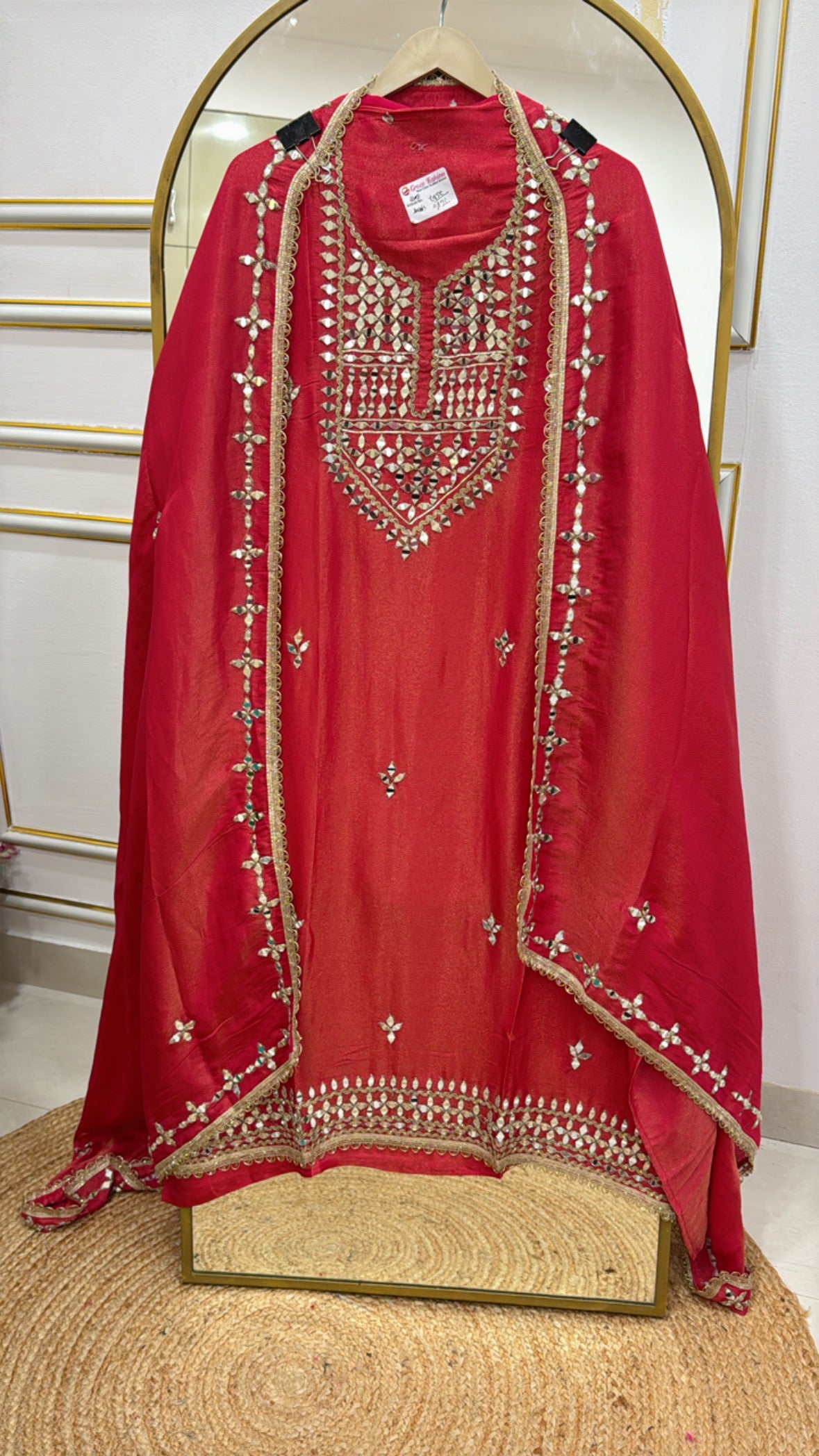 Best seller pure shimmer silk mirror handwork neck suit material along with mirror detailing shimmer silk dupatta GF593