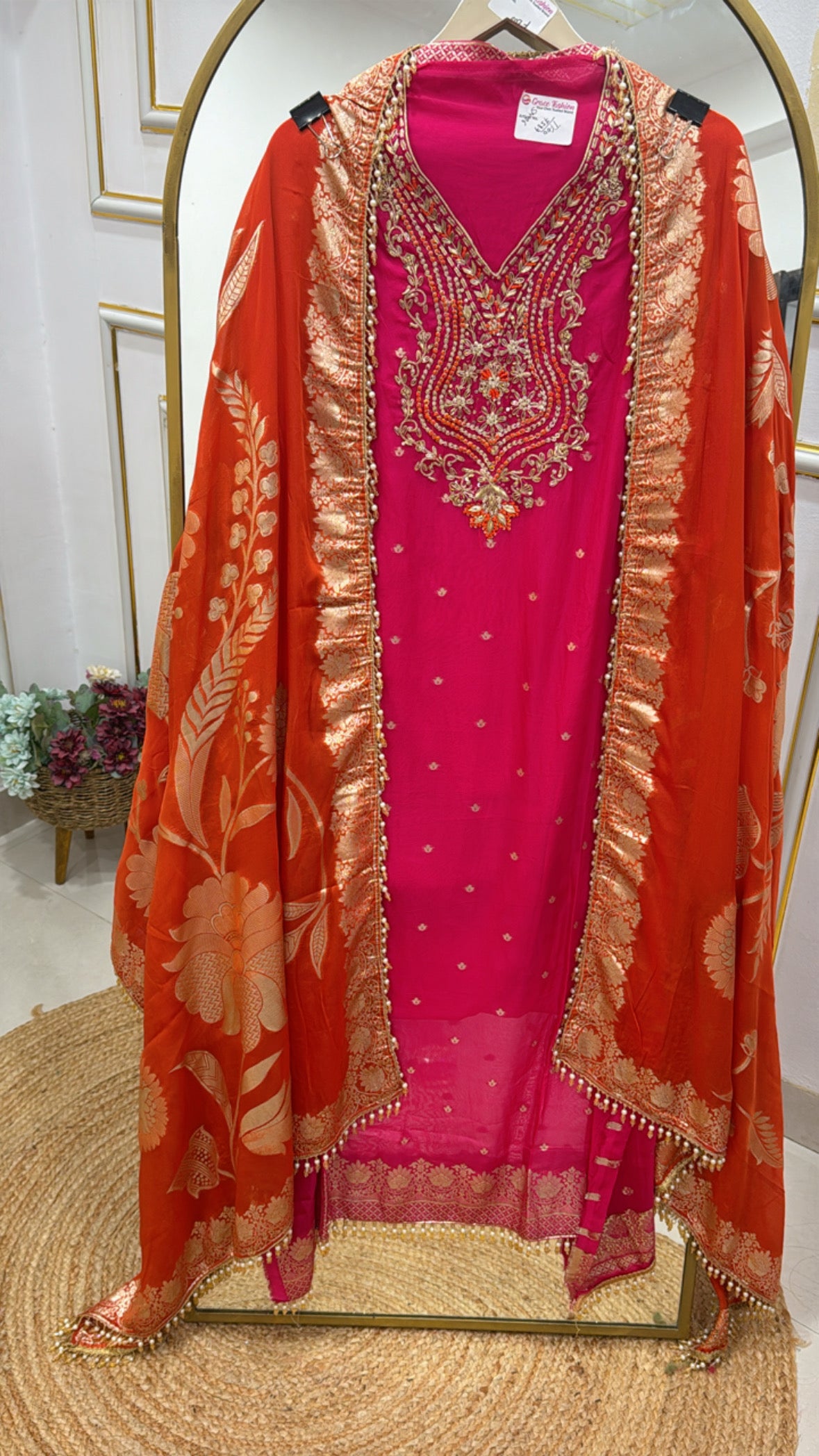 Wedding &amp; Partywear Special Handwork Pure Organza Silk Suit with Weaved Dupatta GF 568
