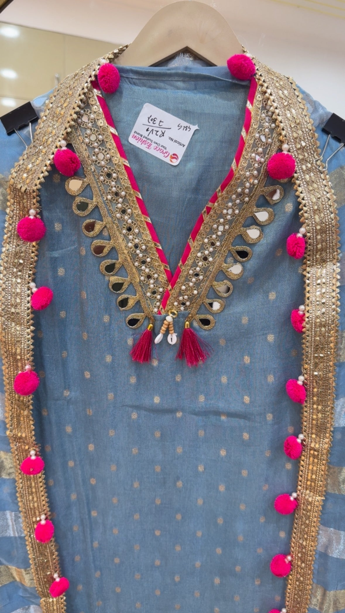 Designer partywear pure shimmer silk weaved mirror neck work with pom-pom detailing all over suit material GF 676