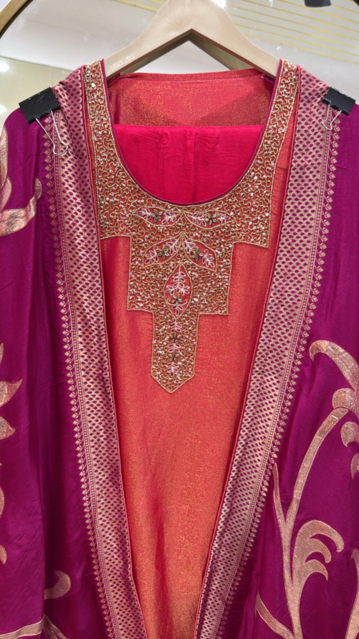 Royal and elegant pure shimmer silk suit material along with decent handwork neck with pure weaved kanjivaram banarasi dupatta GF 529