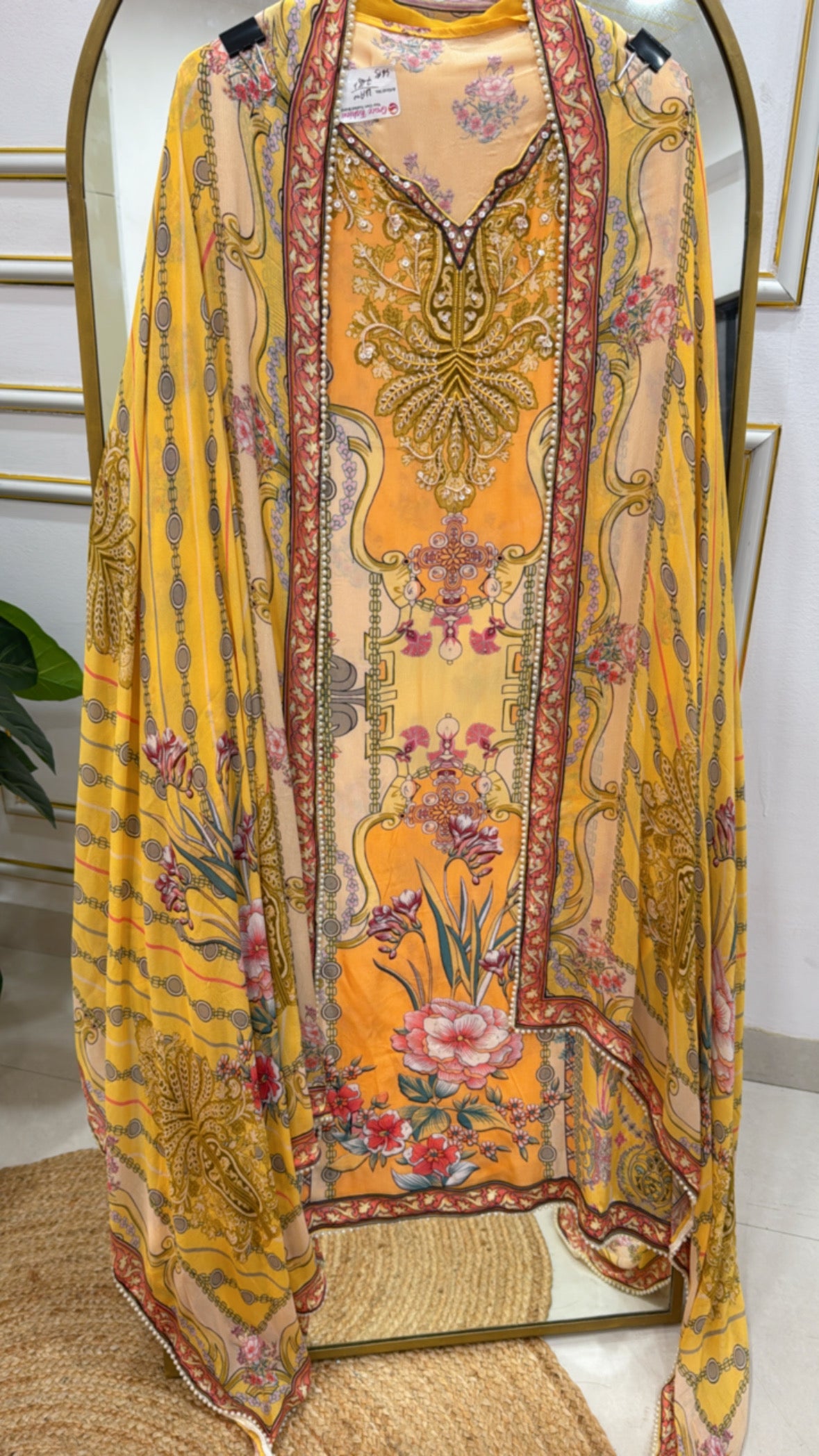 Pure Crepe Suit Material with Karachi Print, Handwork & Digital Crepe Karachi Dupatta GF 350
