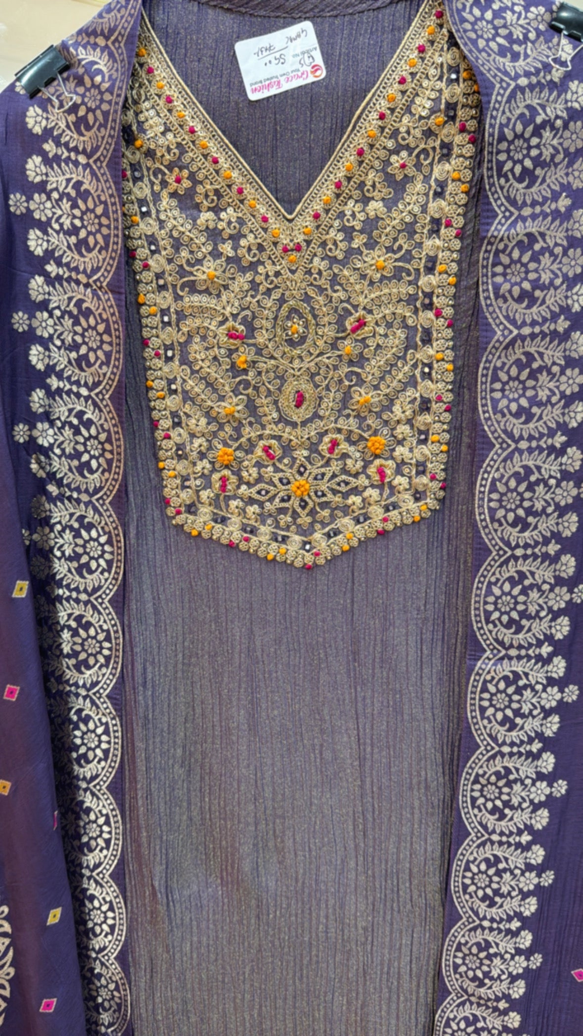 Pure Crushed Shimmer Silk Suit with Zardozi Neck &amp; Kanjivaram Dupatta GF 468