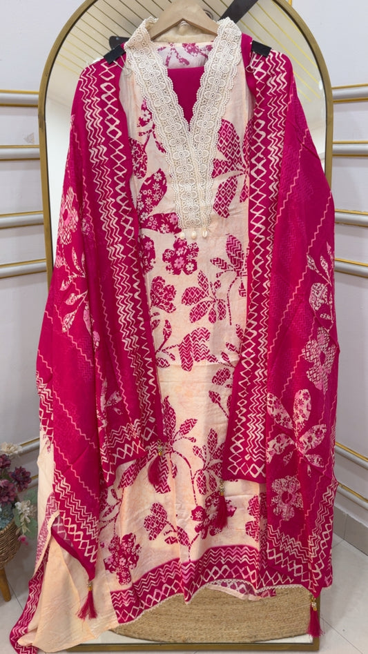 Beautiful Summerish pure muslin cotton printed suit material with classy neck detailing and muslin printed dupatta GF1027
