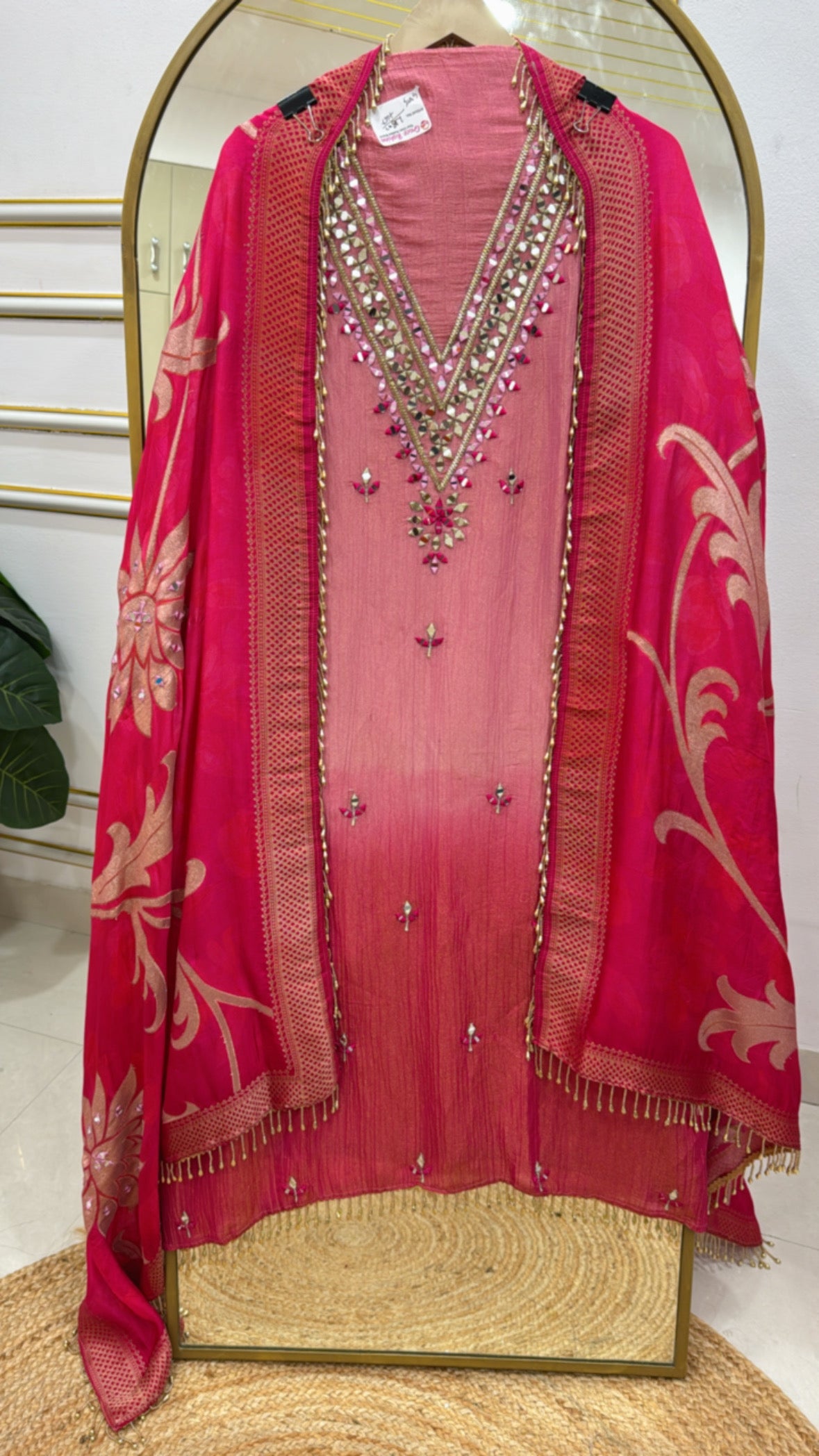 Designer Pure Crushed Shimmer Silk Suit with Ombre Style &amp; Mirror Work Detailing GF 452