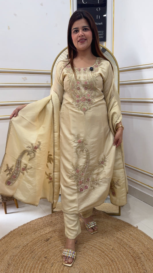 Premium pure shimmer silk ready to wear golden ivory handwork suit along with shimmer silk applique detailing dupatta GF1038 IVORY GOLD