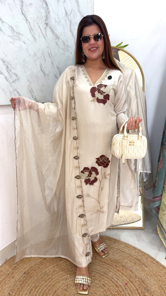 Premium Ivory ready to wear pure Gucci crape material with classy handwork detailing royal and  elegant look GF975