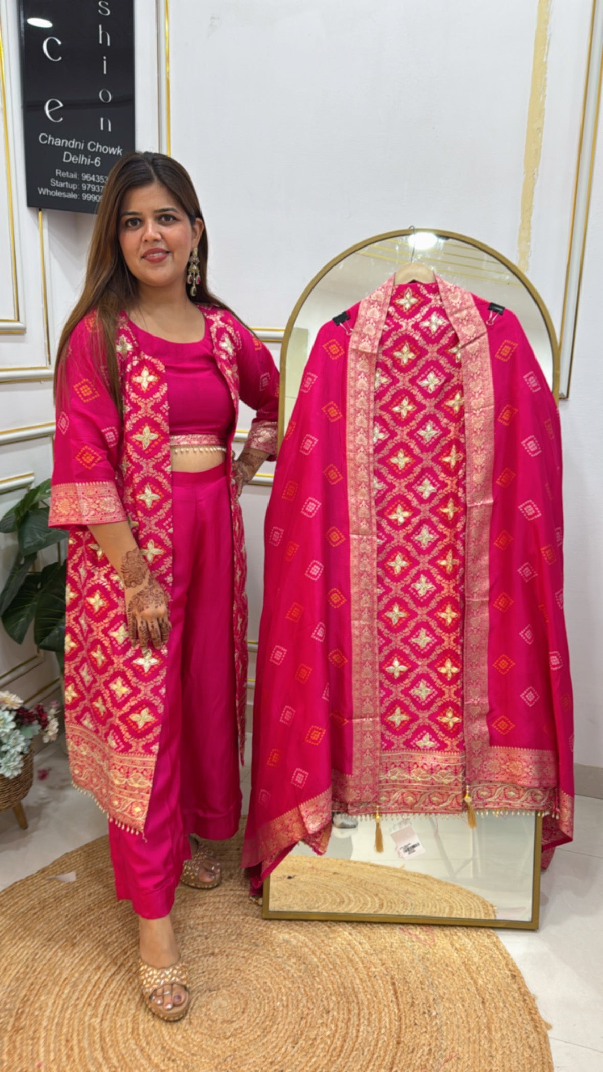 Premium Maheshwari Raw Silk Suit with Handcrafted Gota Work &amp; Bandhani Printed Silk Dupatta GF 406