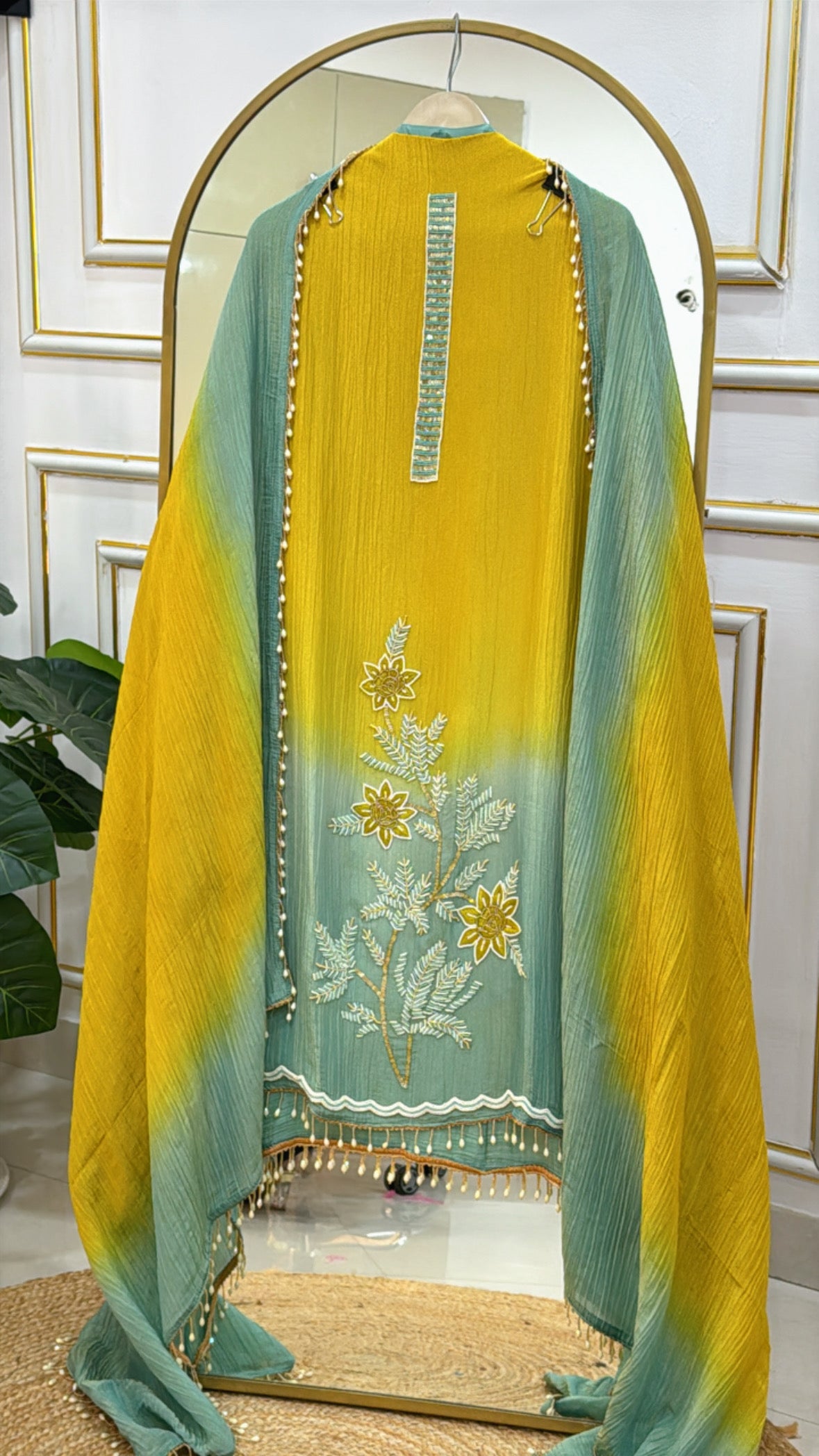 latest crushed shimmer silk material with royal handwork detailing along with crushed silk ombre dupatta with allover hanging laces GF 324