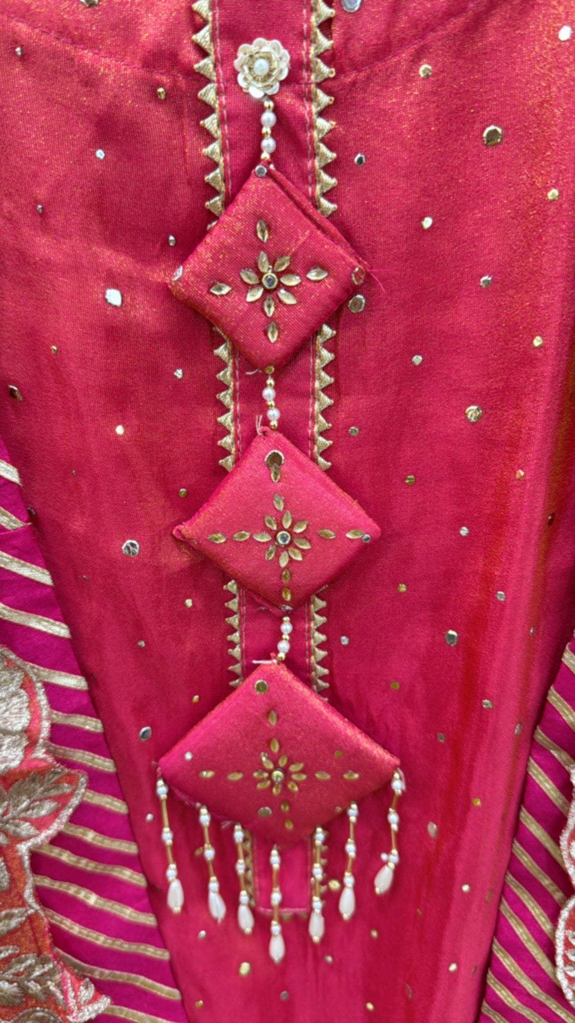 partywear unique designer crushed shimmer silk suit material with heavy designer applique dupatta along with designer neck detailing GF 477