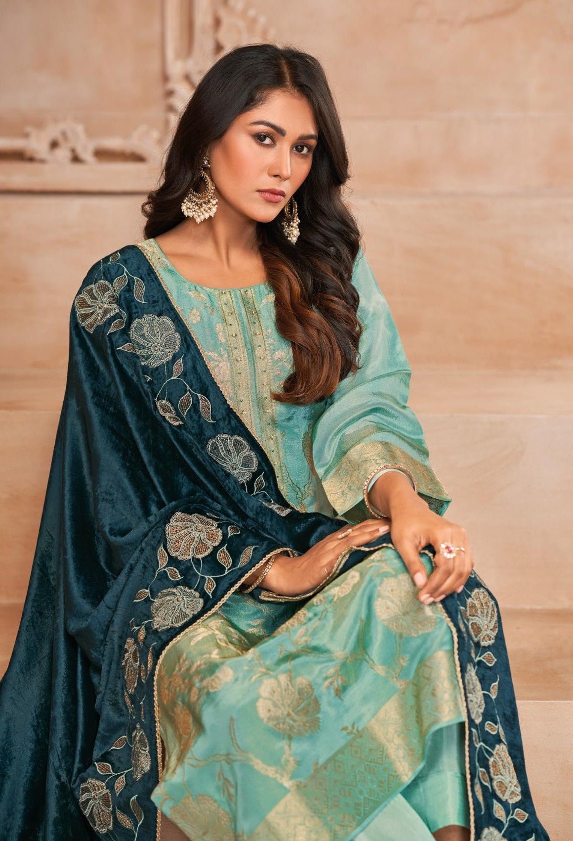 Velvet Glam pure kajivaram Full weaved suit material with silk bottom along with embroidered Velvet dupatta GF730