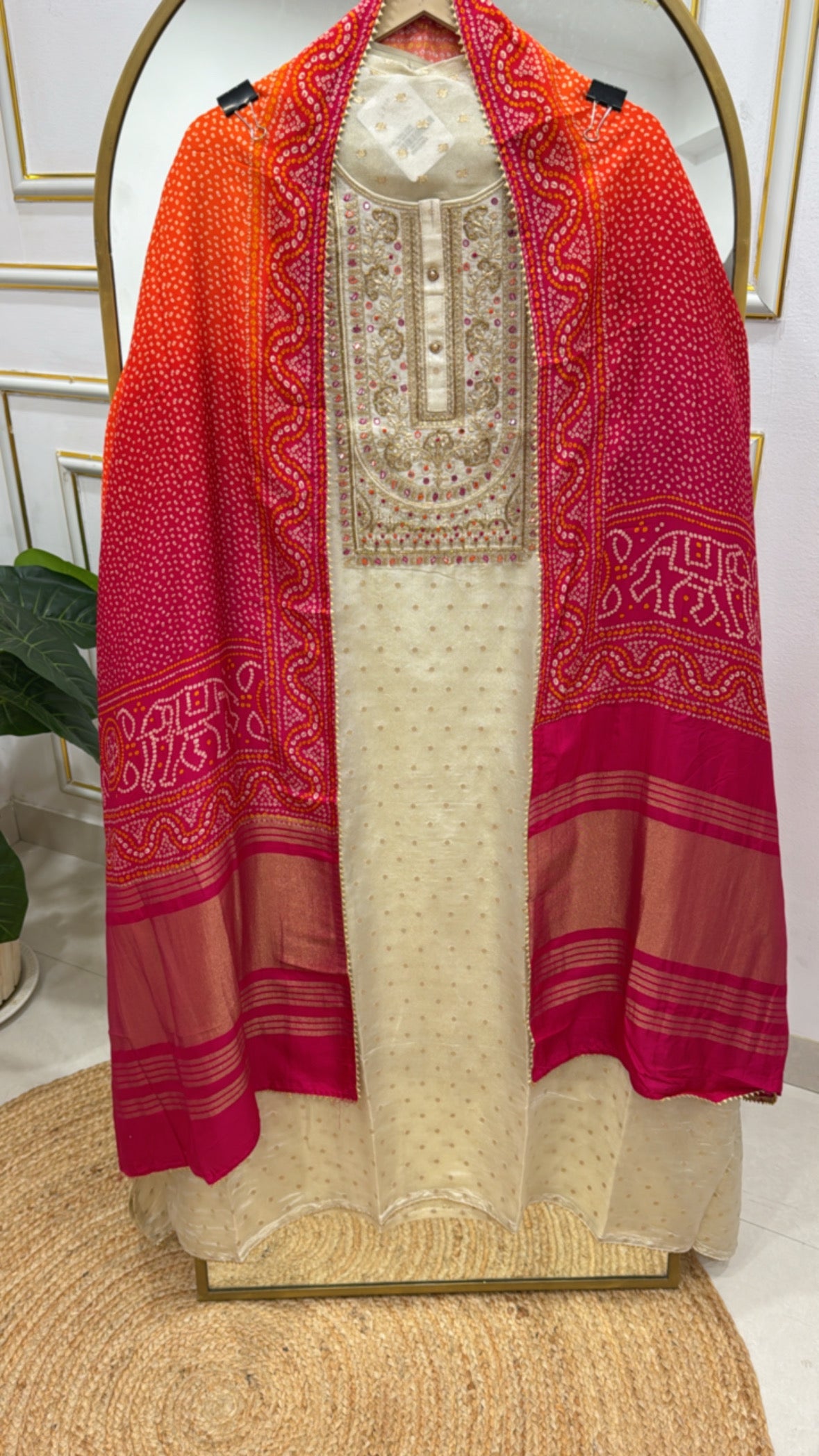 Premium Golden Ivory Pure Silk Suit with Banarasi Weaved Dupatta GF 334