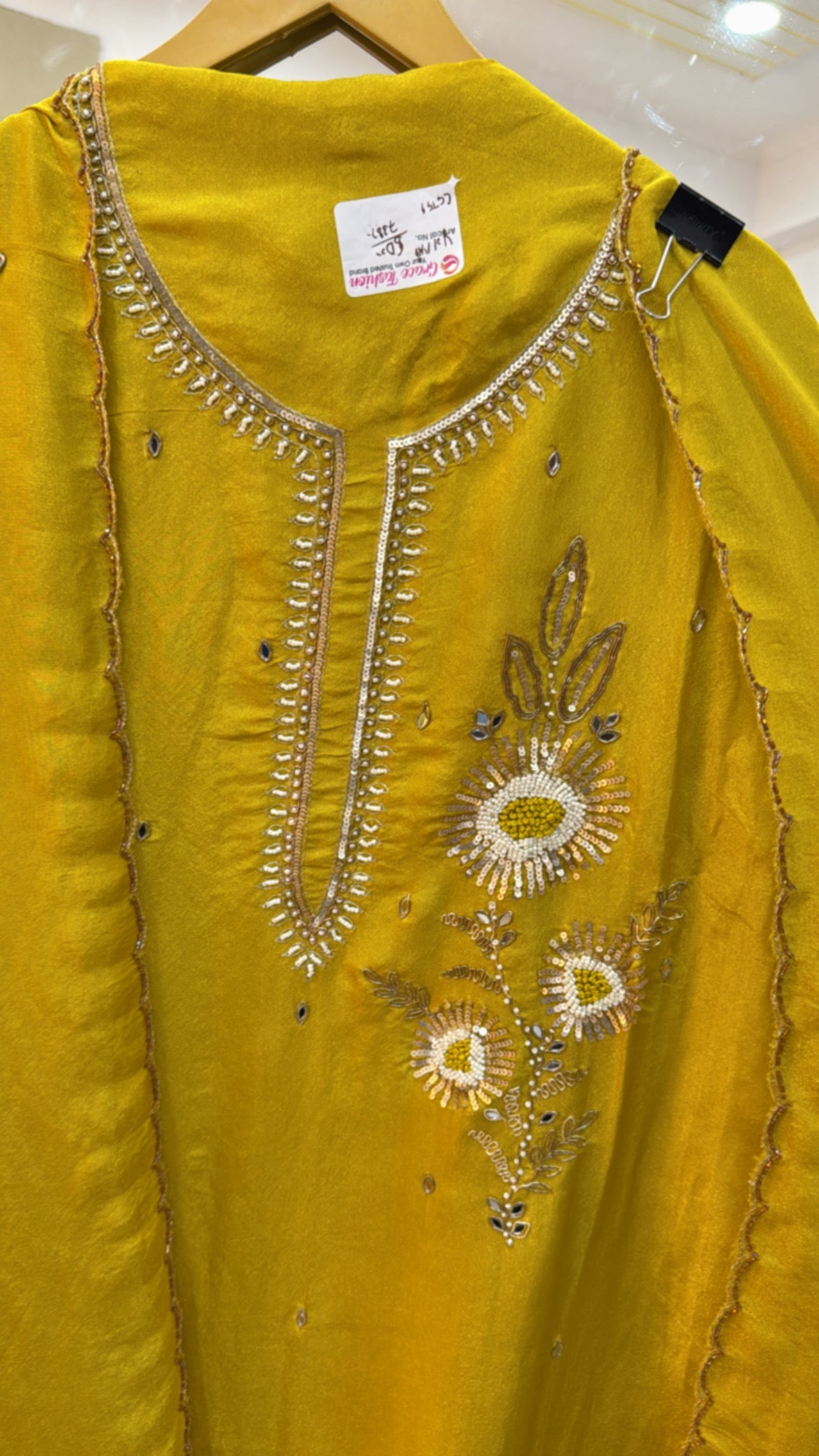 Elegant and designer pure shimmer silk designer handwork suit material along shimmer silk dupatta GF582