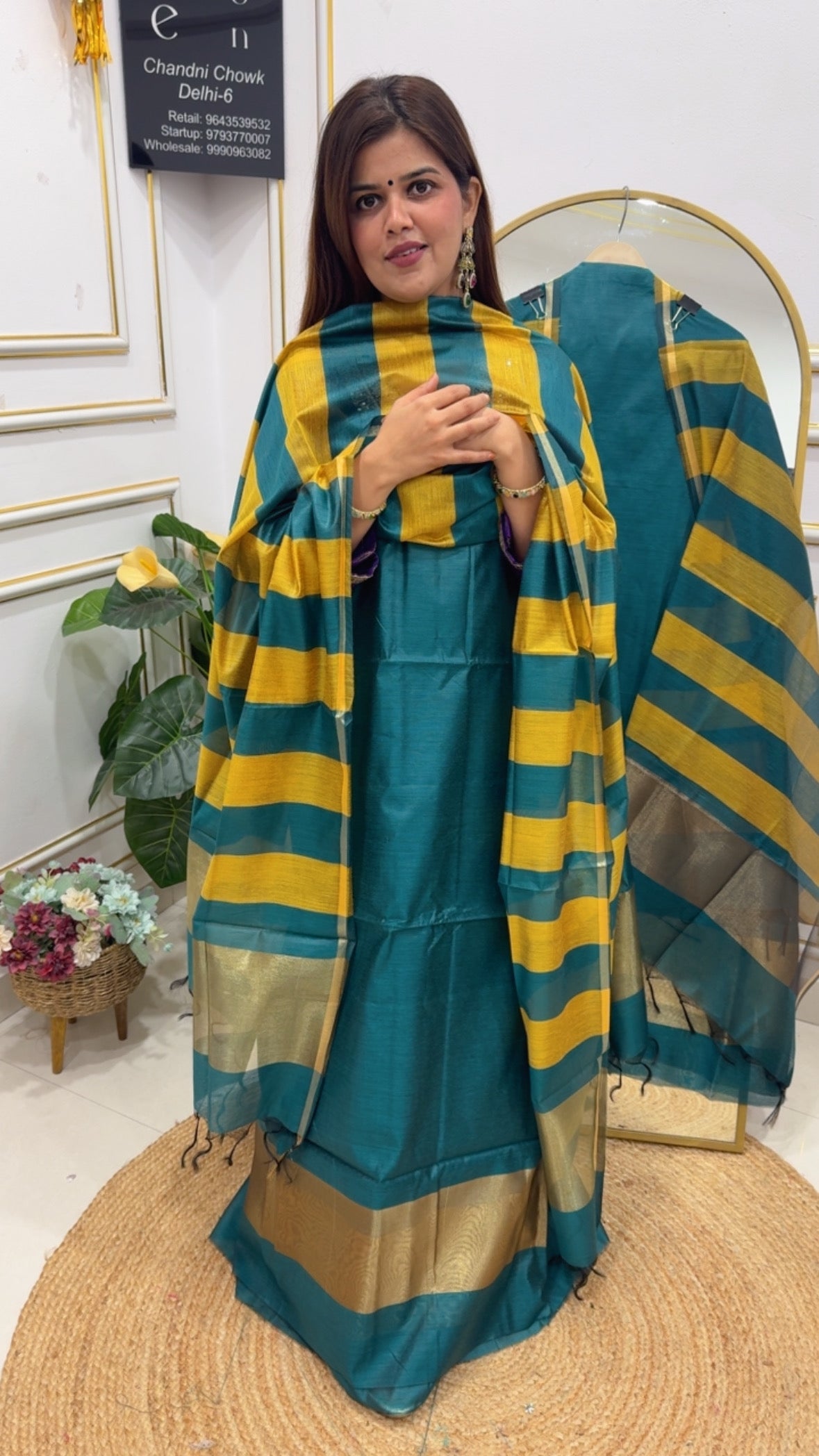 Soft Chanderi silk suit material with golden weaved border and full length Chanderi silk striped dupatta GF 756