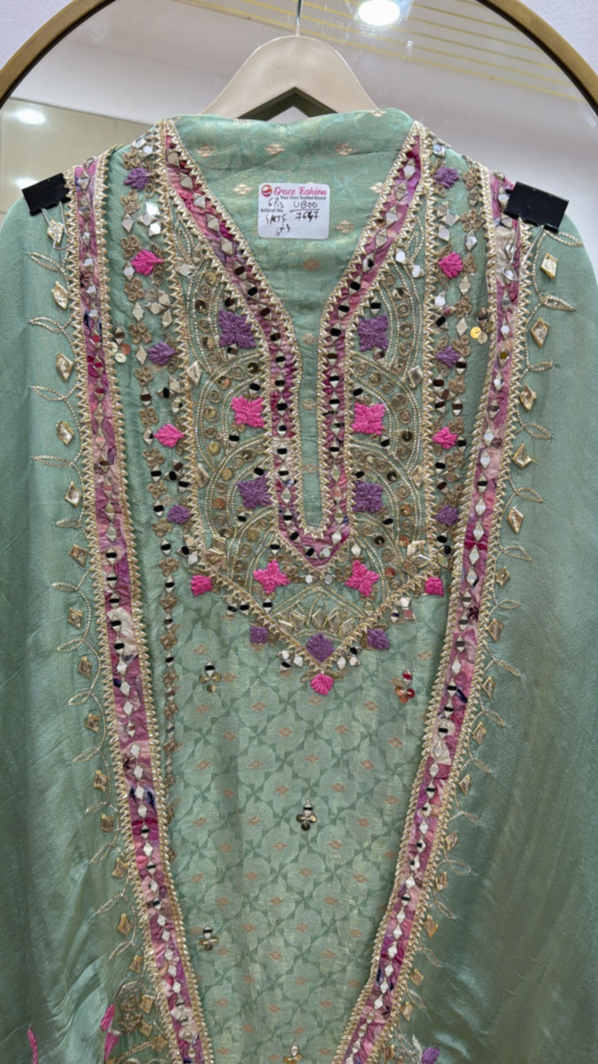 Latest and trending pure weaved silk suit material along with heavy manual gota mirror work all over shirt and dupatta GF 531