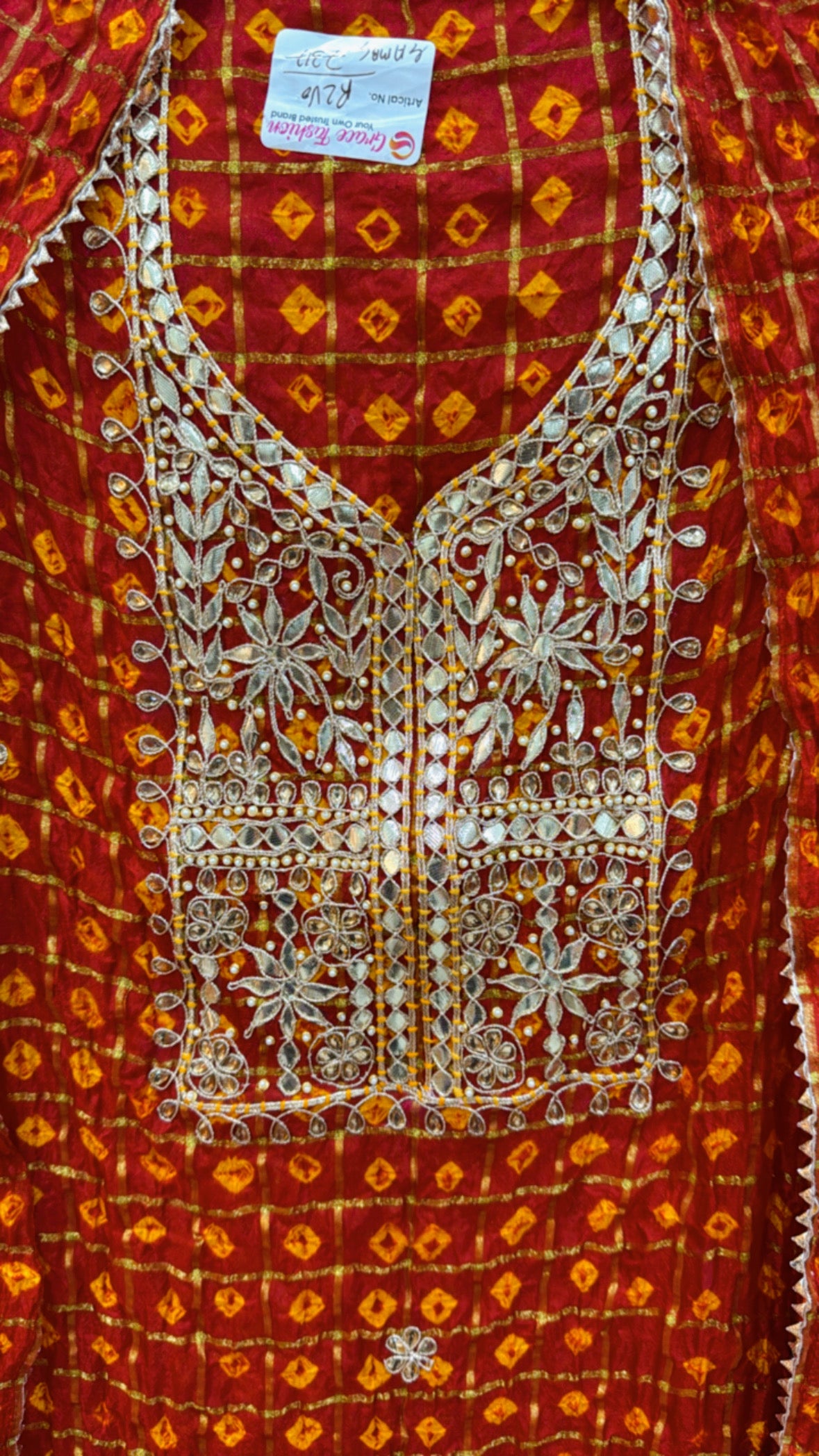 hot seller crushed bandhani silk material with hand gota work along with crushed bandhani dupatta GF 460