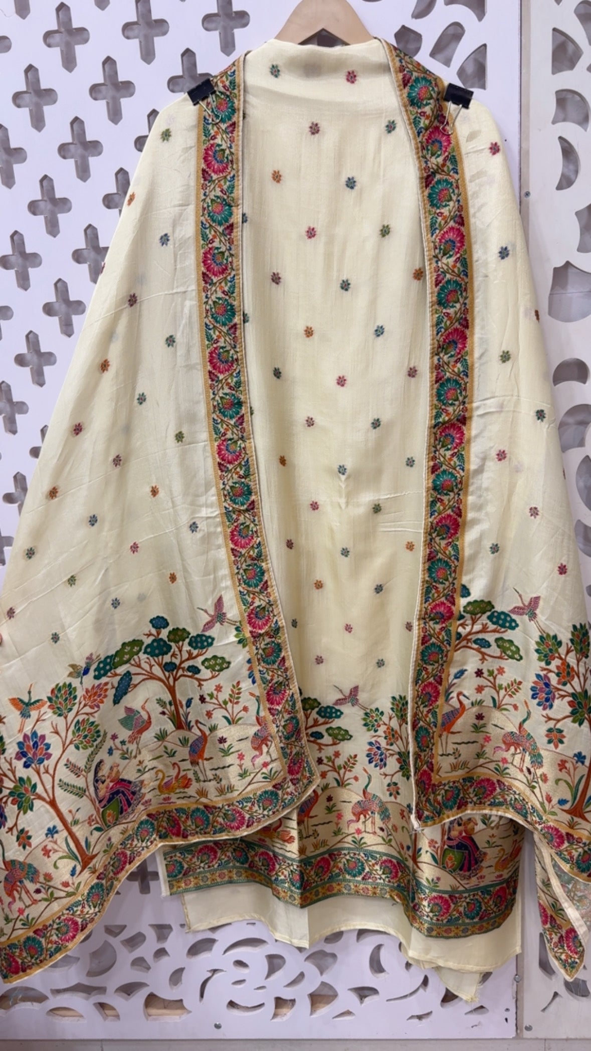 Premium pure Russian silk full gold weaved pichwai art designer silk suit material with weaved silk dupatta GF836