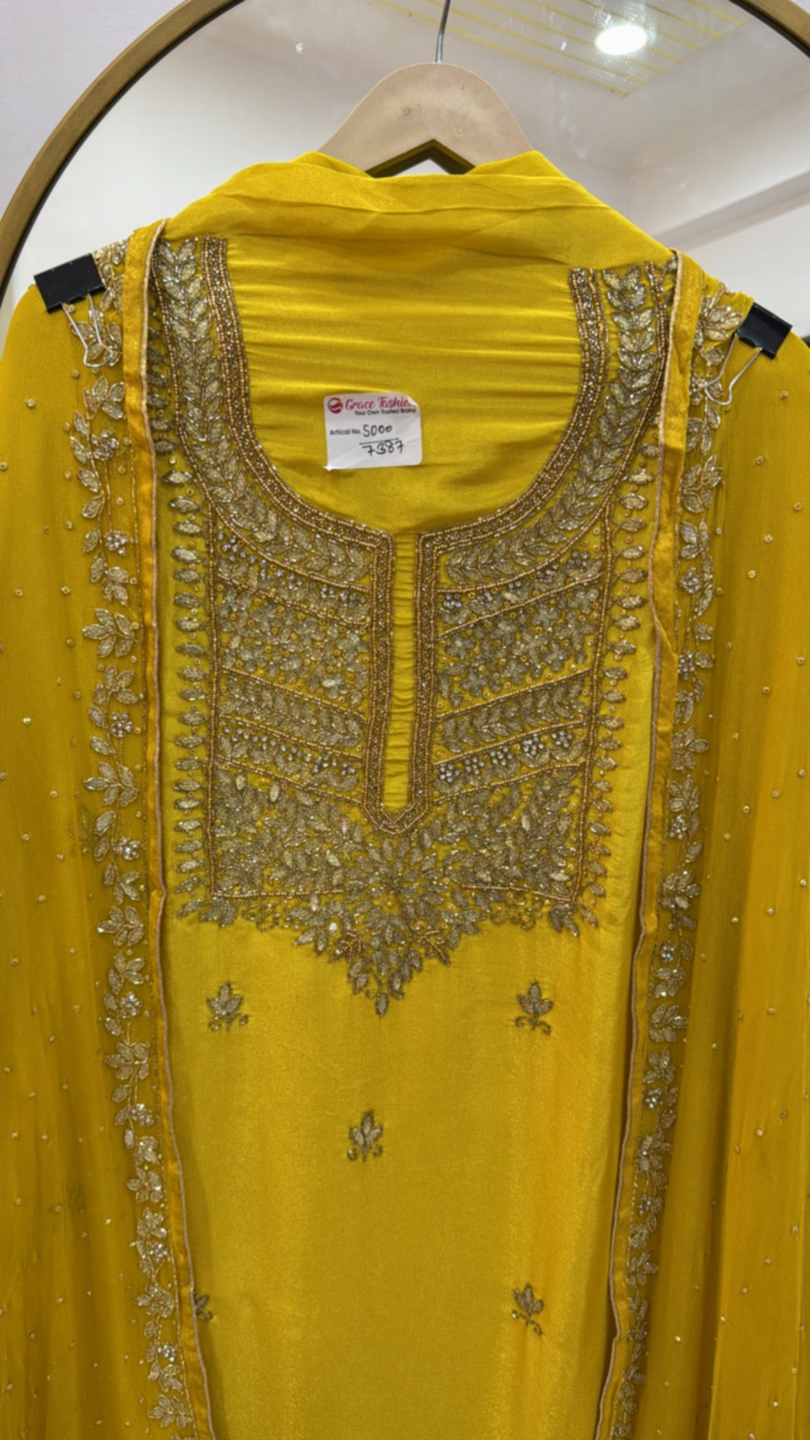 Partywear special designer handwork shimmer silk suit material along with all over handwork designer chiffon dupatta GF581