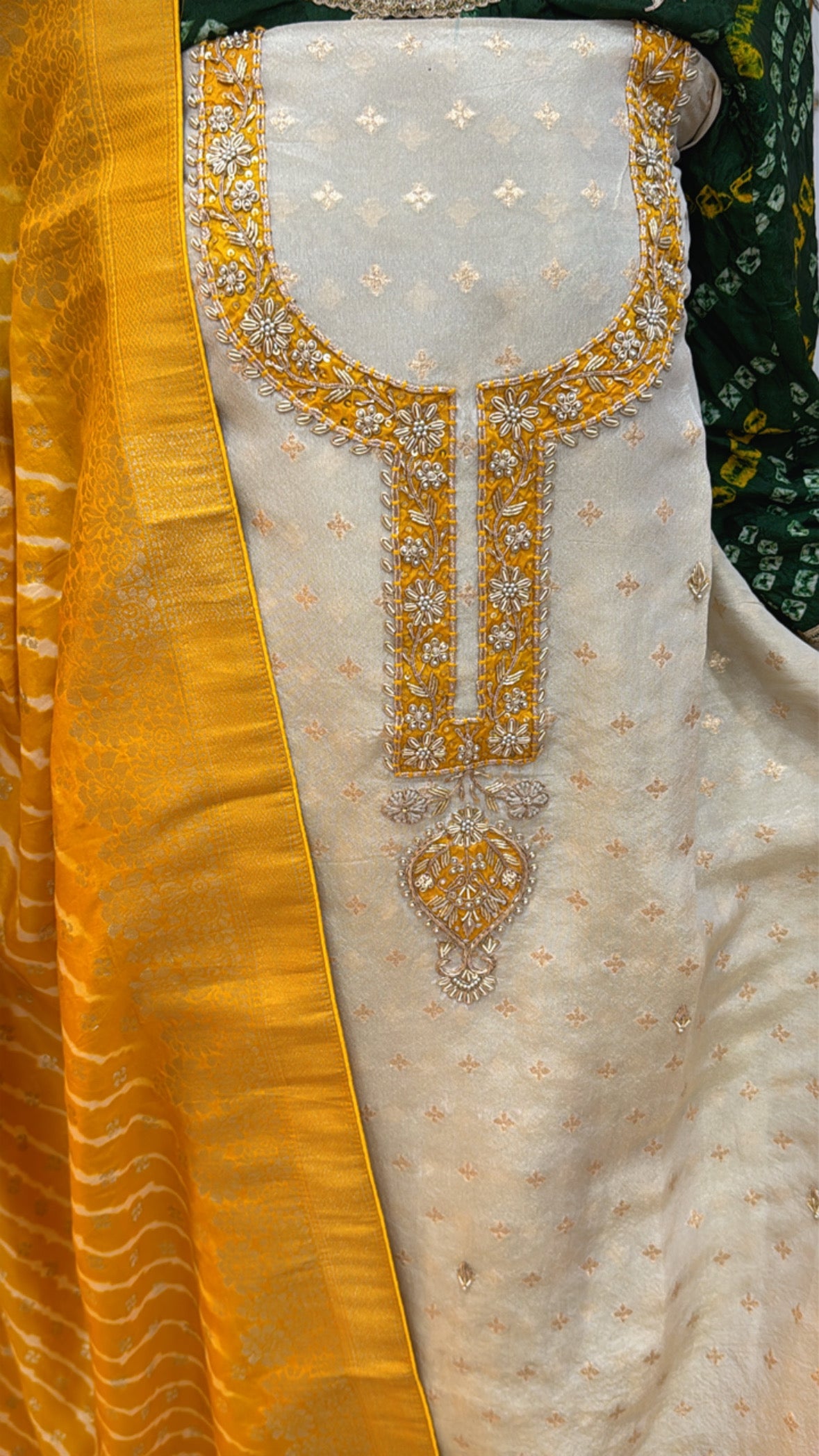 Festival Special Pure Maheshwari Silk Suit with Leheria Weaved Banarasi Dupatta GF 367