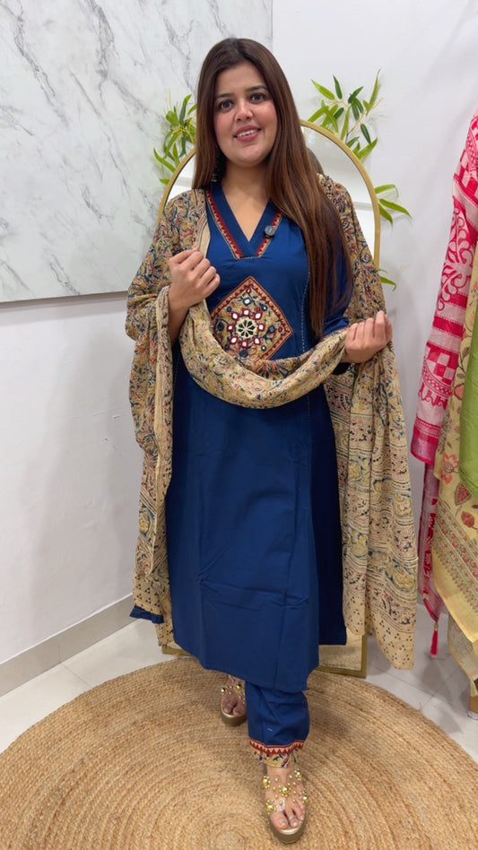 Ready to wear pure Baku cotton V neck detailing with applique work and pure cotton dupatta perfect for casual fit  GF966