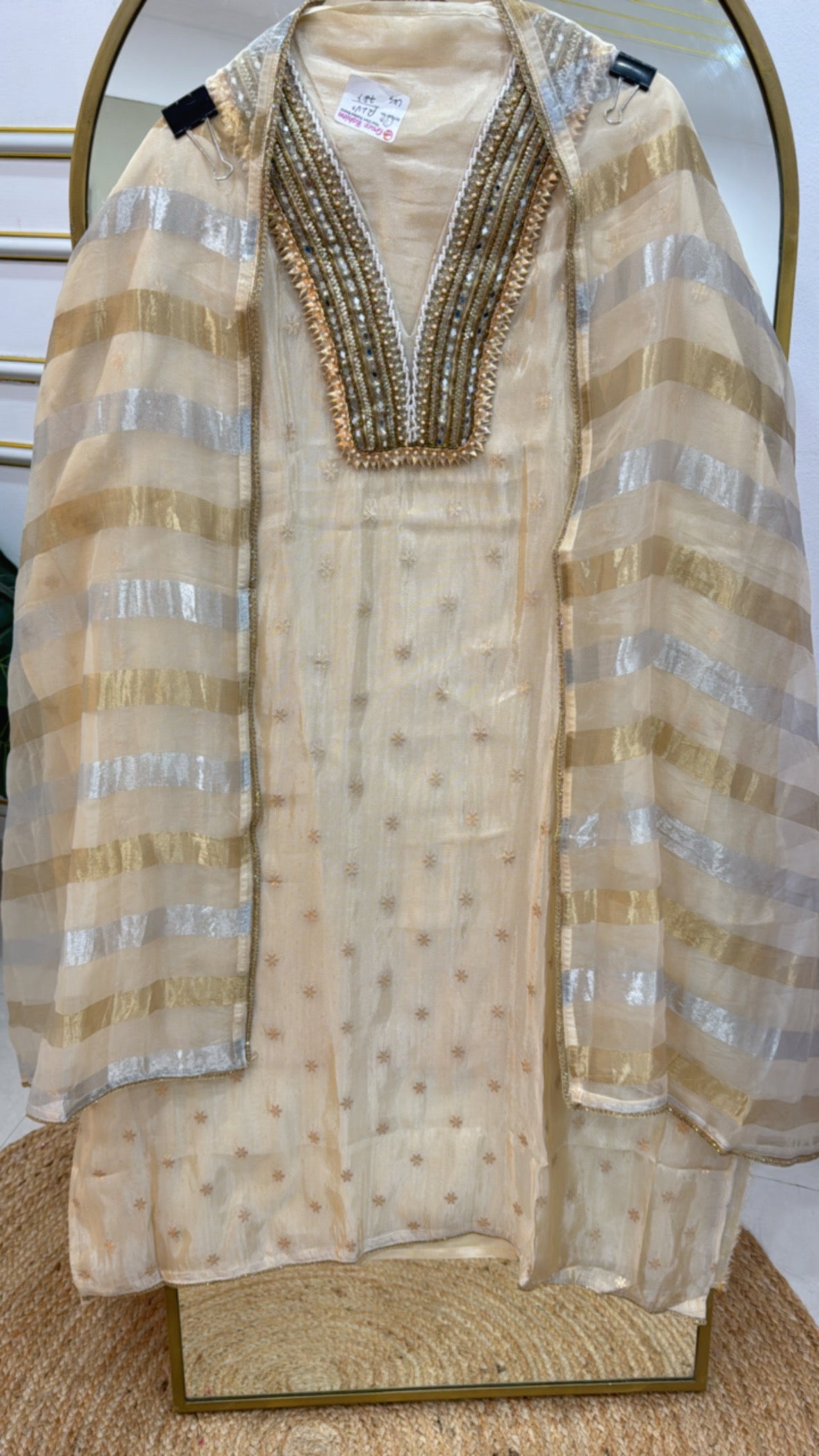 Designer Handwork Neck on Pure Ivory Burberry Silk with Gold Ivory Organza Dupatta GF 462